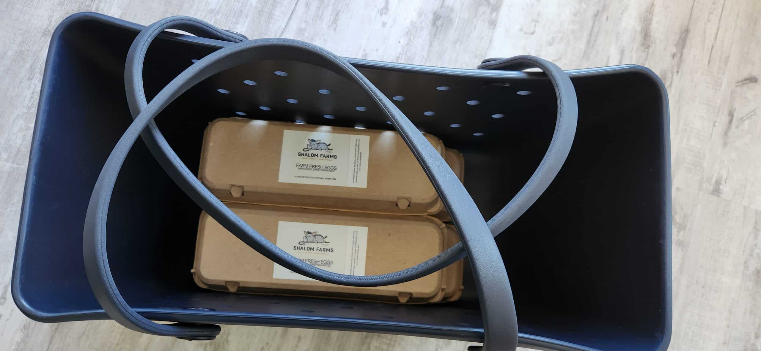 Bogg Bag for farmers loaded with cartons of farm fresh eggs from Shalom Farms